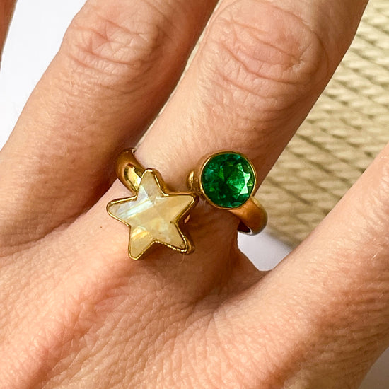 Rainbow Moonstone Star & Gem Bypass Ring - Alchemia Gold