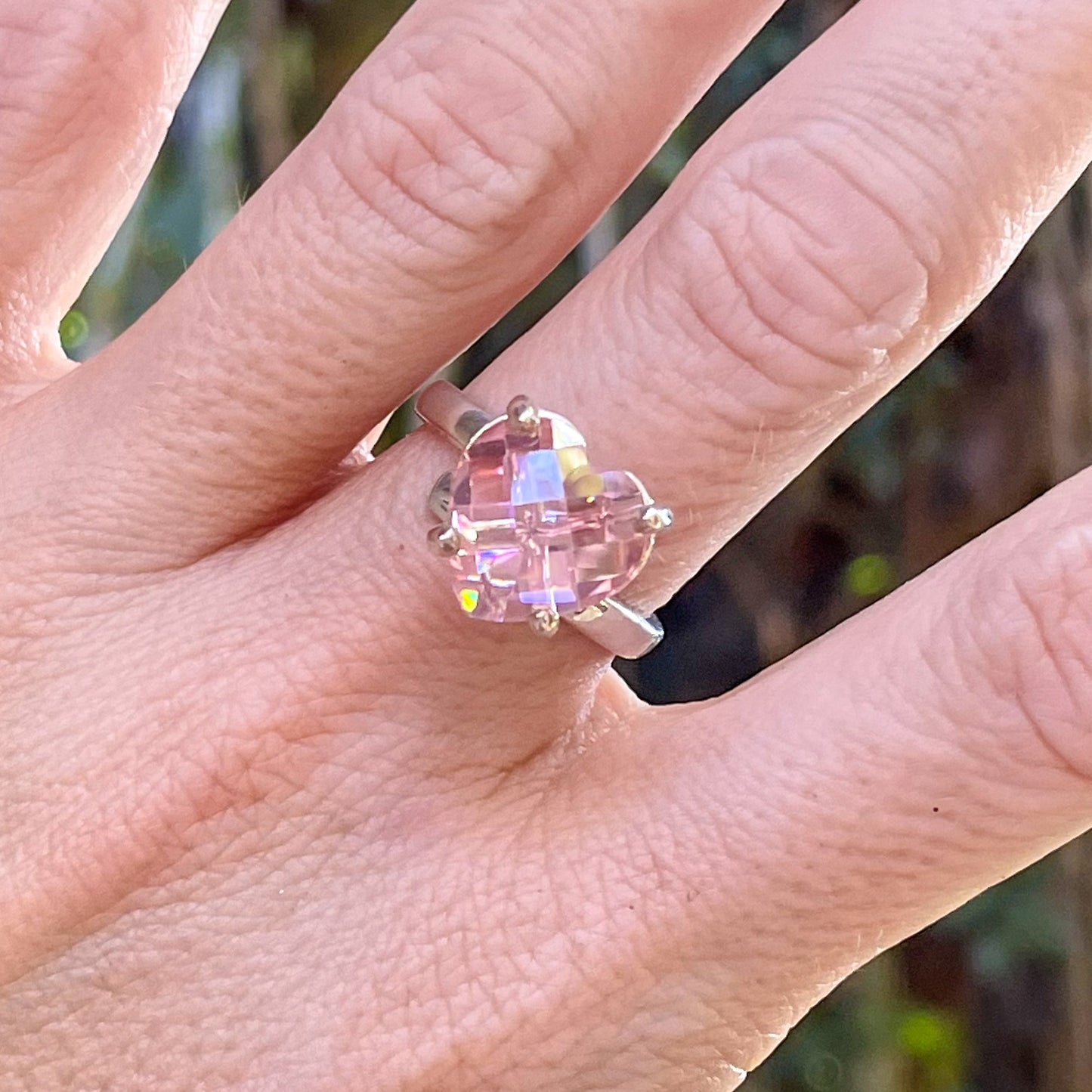 Soft Pink Heart CZ Prong Ring - Solid Sterling Silver