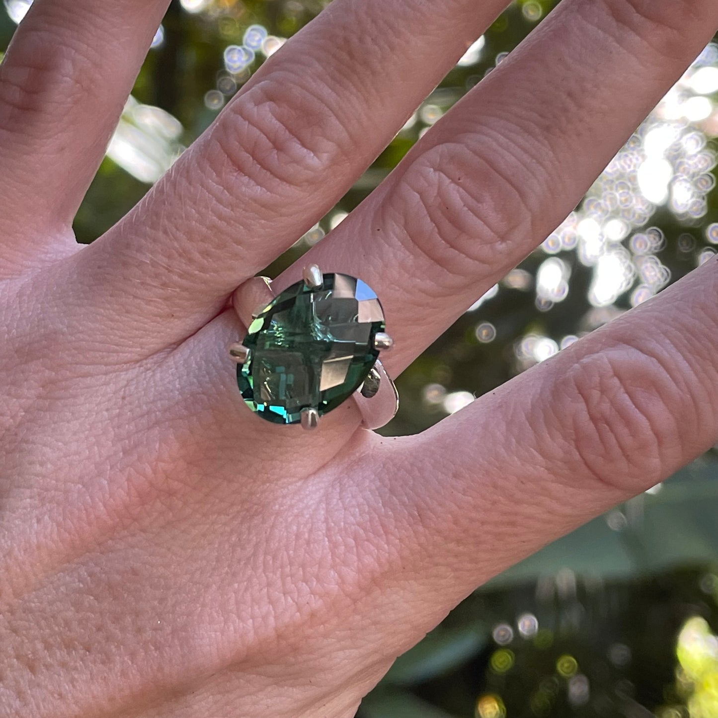 Green Quartz Faceted Prong Ring - Solid Sterling Silver