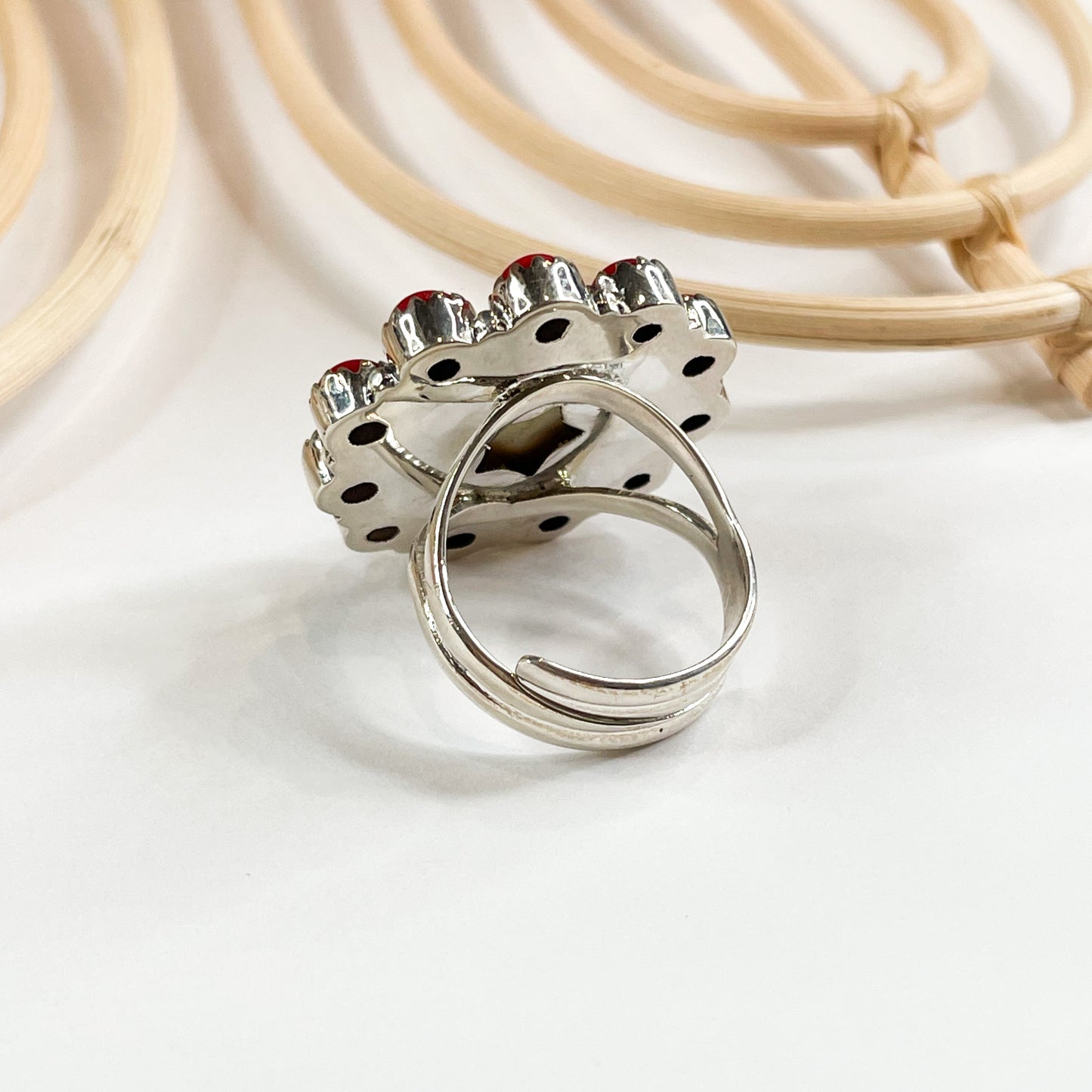 Red & Mother of Pearl Adjustable Ring - Solid Sterling Silver