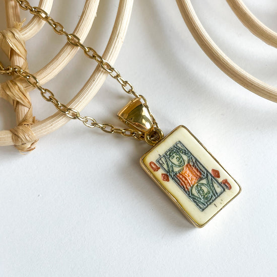 Dainty Queen Of Diamonds Vintage Bone Card Pendant - Alchemia