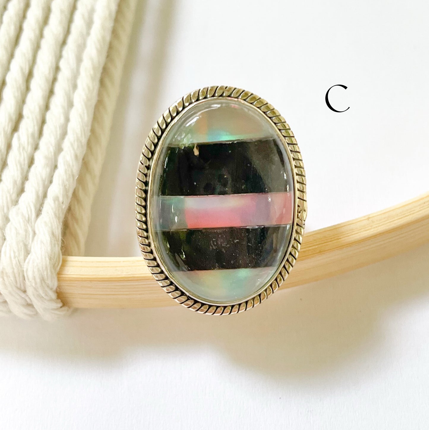 Galaxy Opal & Black Onyx Lined Ring - Solid Sterling Silver