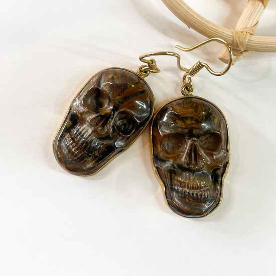 Tiger Eye Skull Dangle Earring -Alchemia