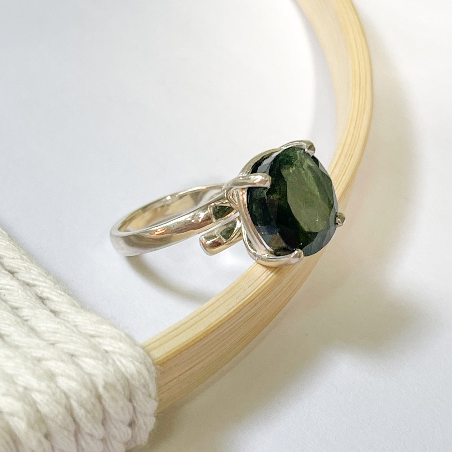 Green Tourmaline Prong Ring - Solid Sterling Silver
