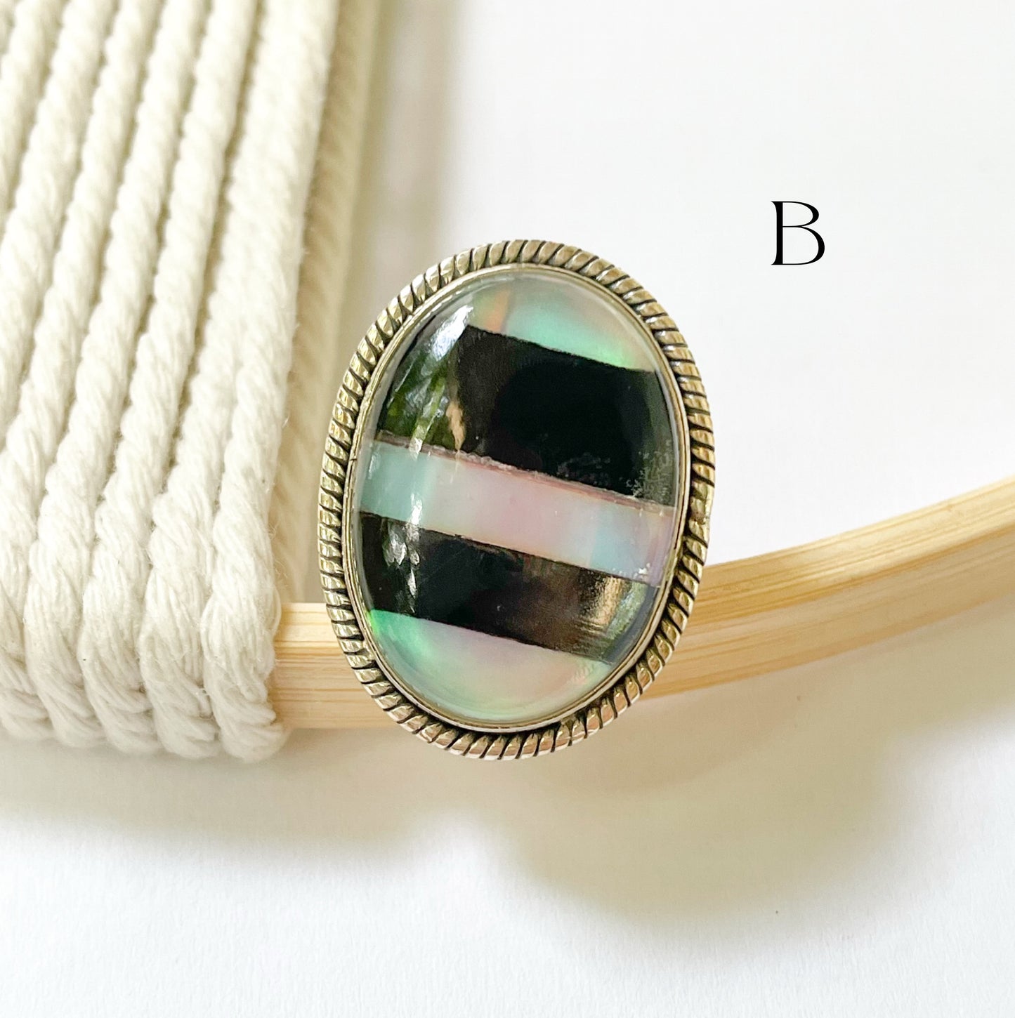 Galaxy Opal & Black Onyx Lined Ring - Solid Sterling Silver