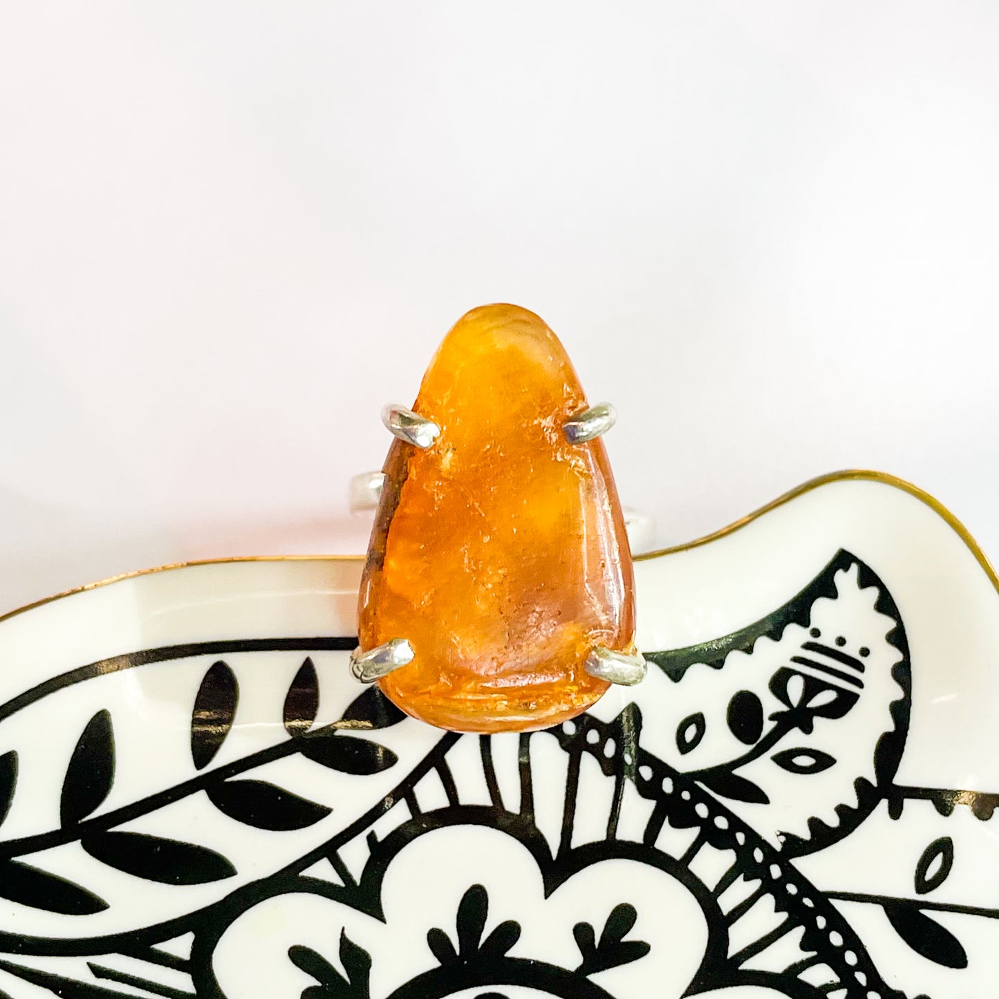Amber Prong Ring - Solid Sterling Silver