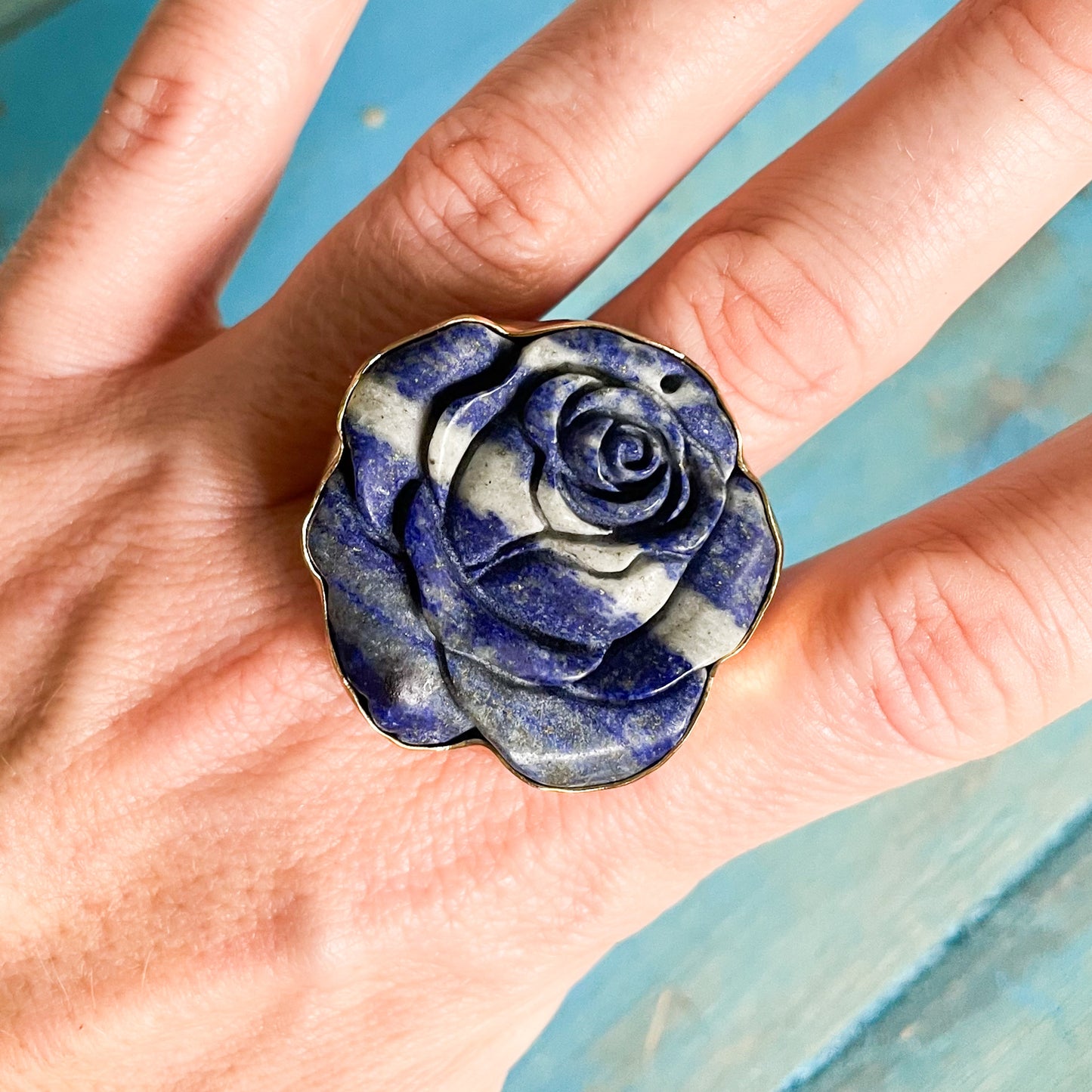 Lapiz Lazuli Rose Carved Ring - Alchemia Gold