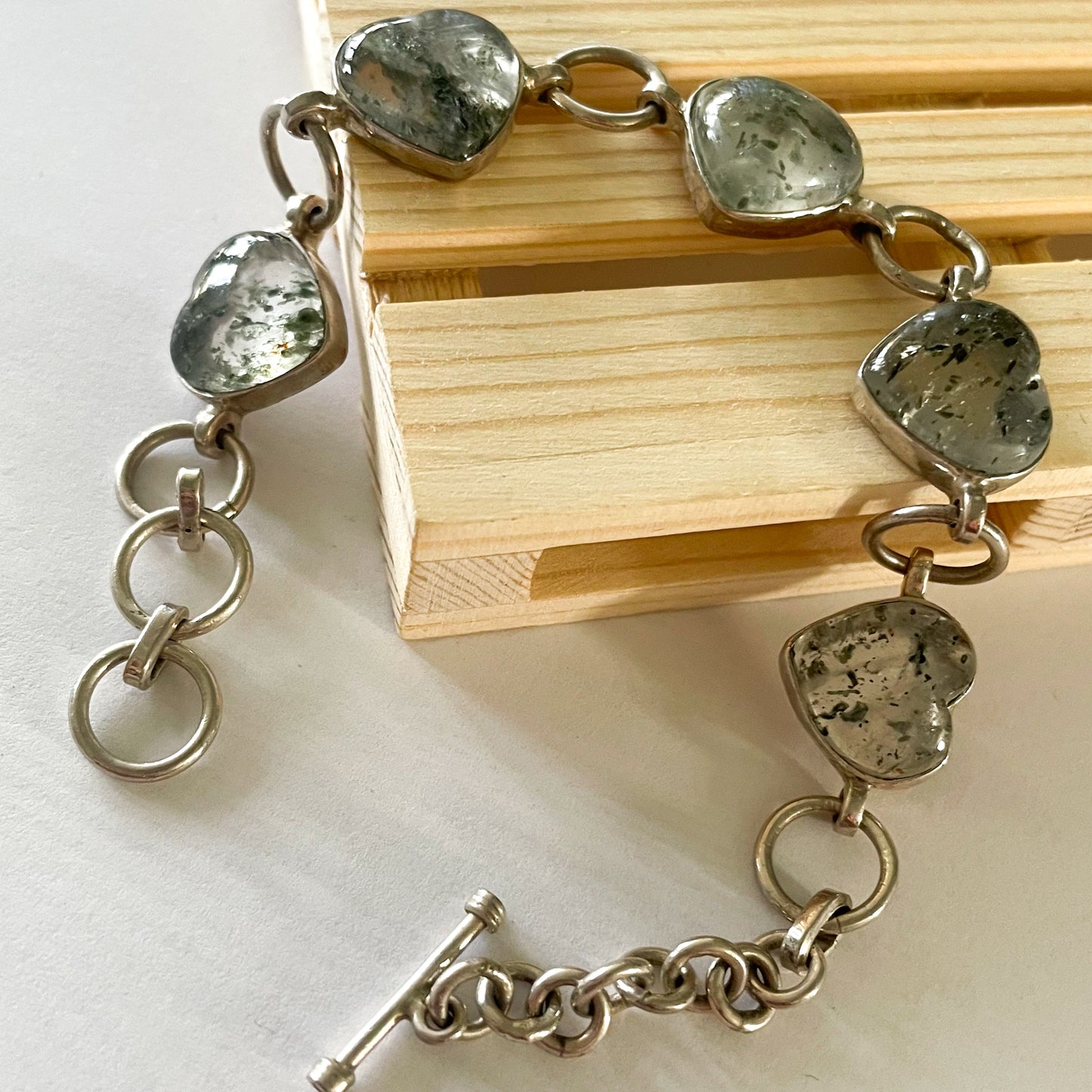Moss Agate Heart Bracelet - Sterling Silver