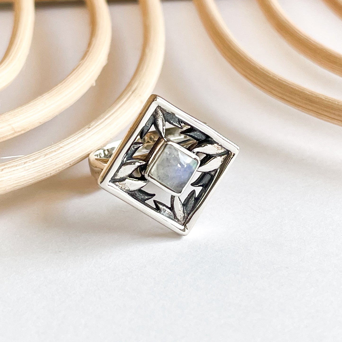 Rainbow Moonstone On-Point Ring - Solid Sterling Silver