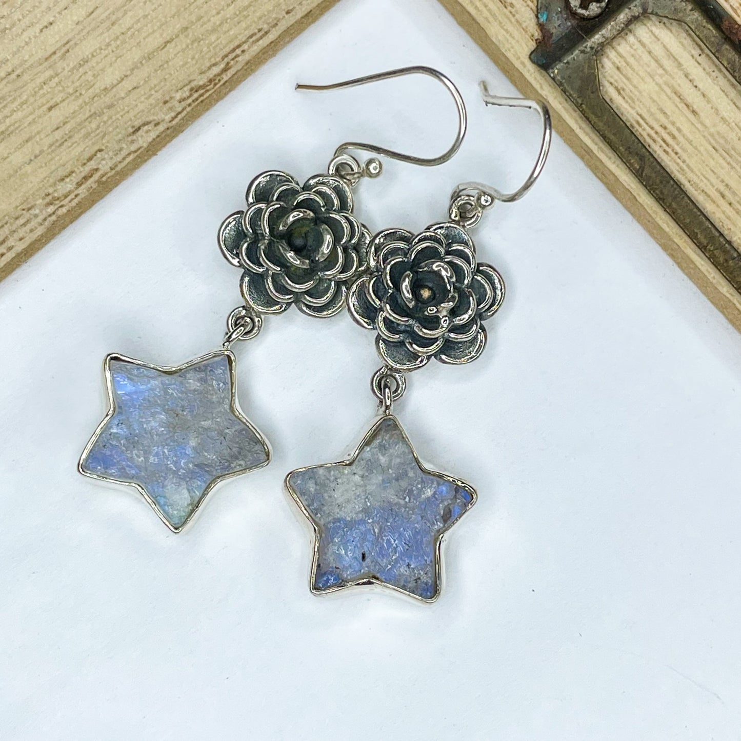 Raw Rainbow Moonstone & Rose Earrings - SSS