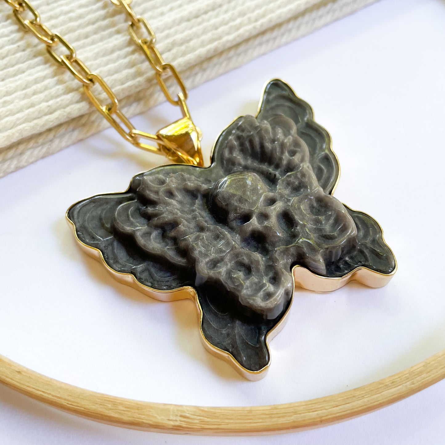 Sheen Obsidian Skull Butterfly Pendant - Alchemia Gold