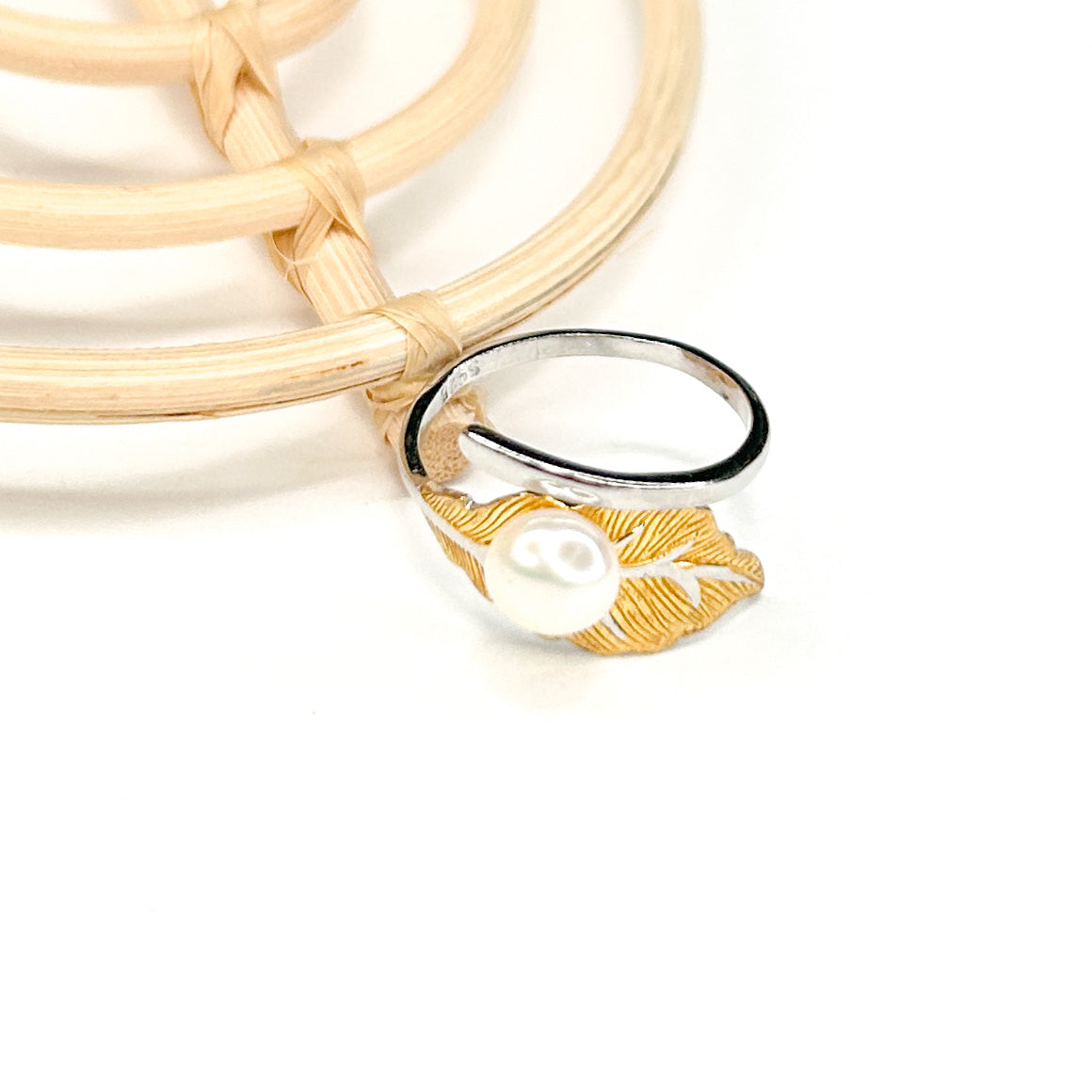 Pearl & Gold Leaf Bypass Ring - Solid Sterling Silver