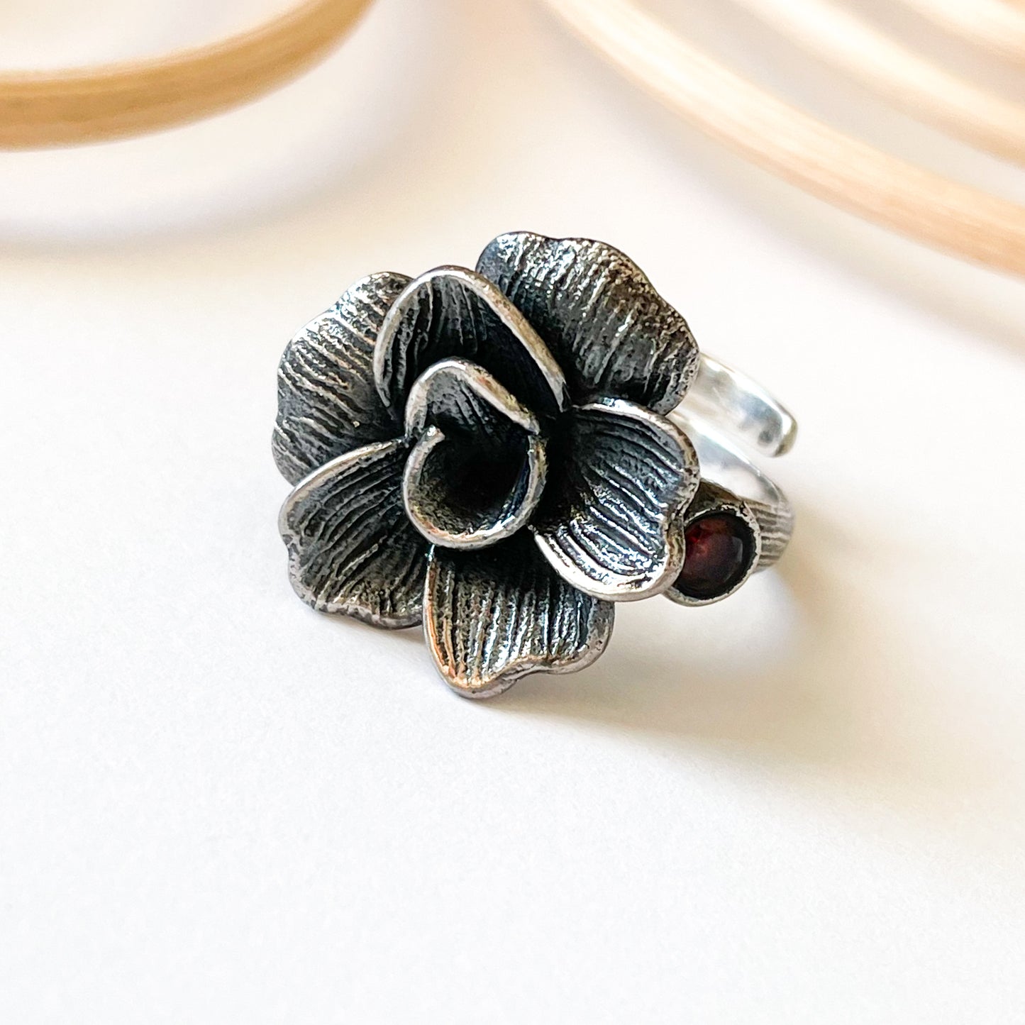 Garnet Rose Flower Ring - Solid Sterling Silver