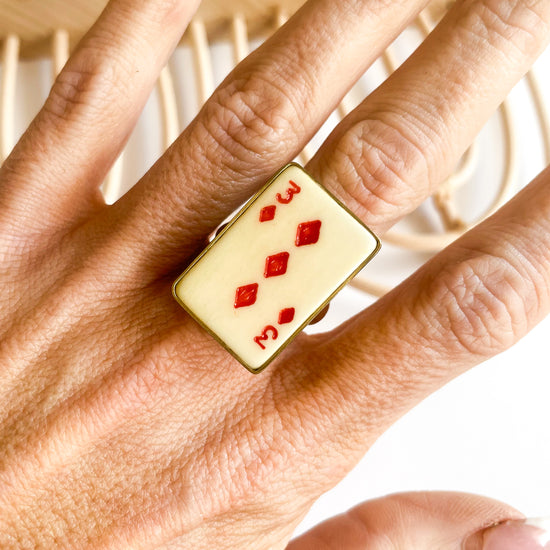 Dainty 3 Of Diamonds Bone Card Ring-Alchemia