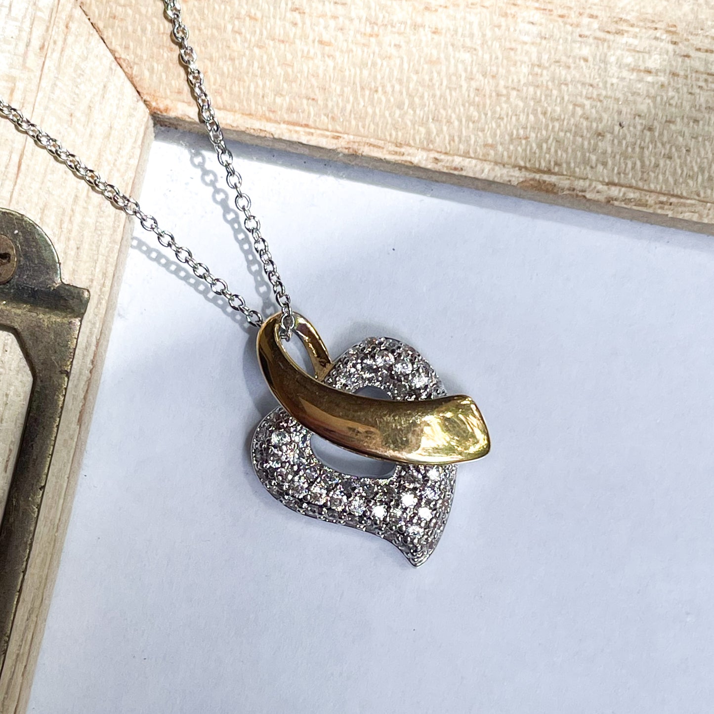 CZ Heart w/ Swipe of Gold Accent Necklace- Rhodium