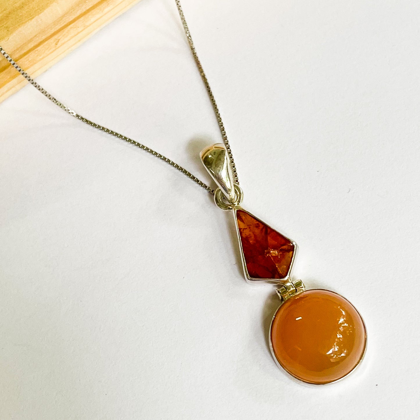 Amber Kite & Peach Moonstone Pendant - Solid Sterling Silver