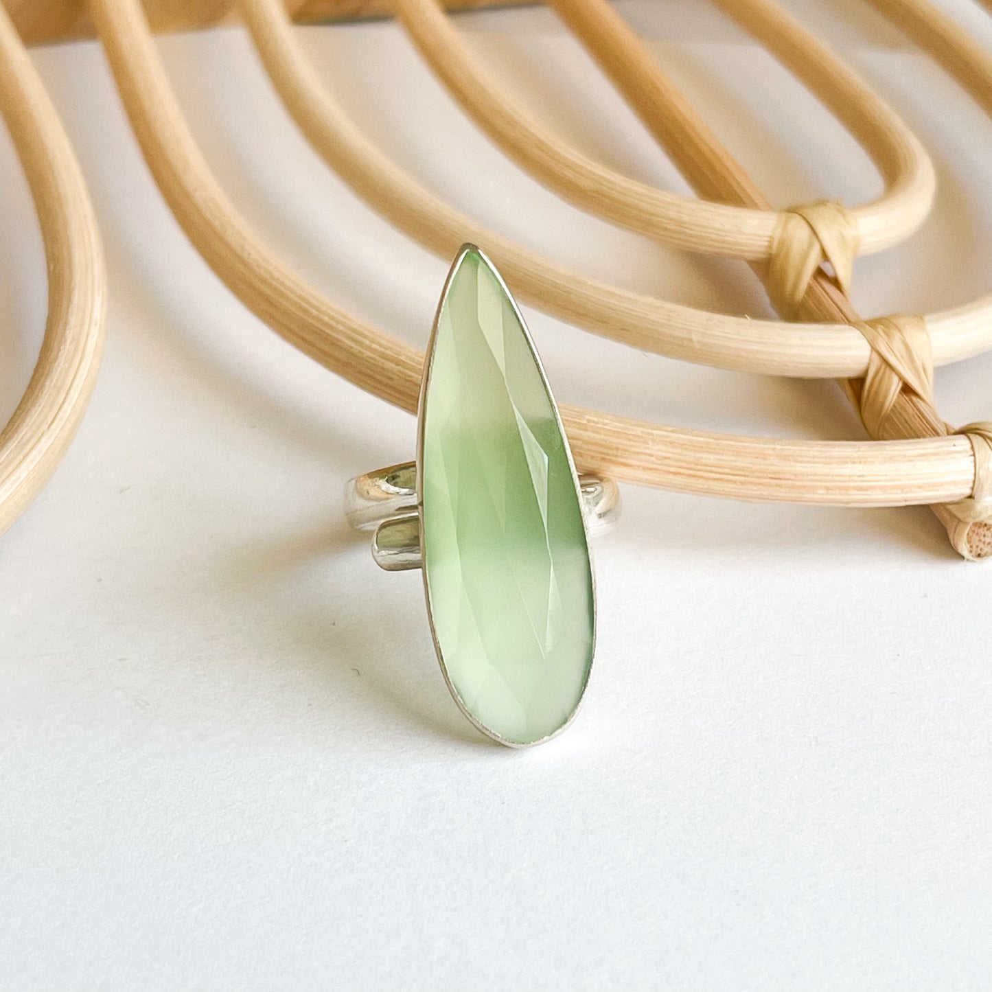 Slender Green Chalcedony Ring - Both Metals