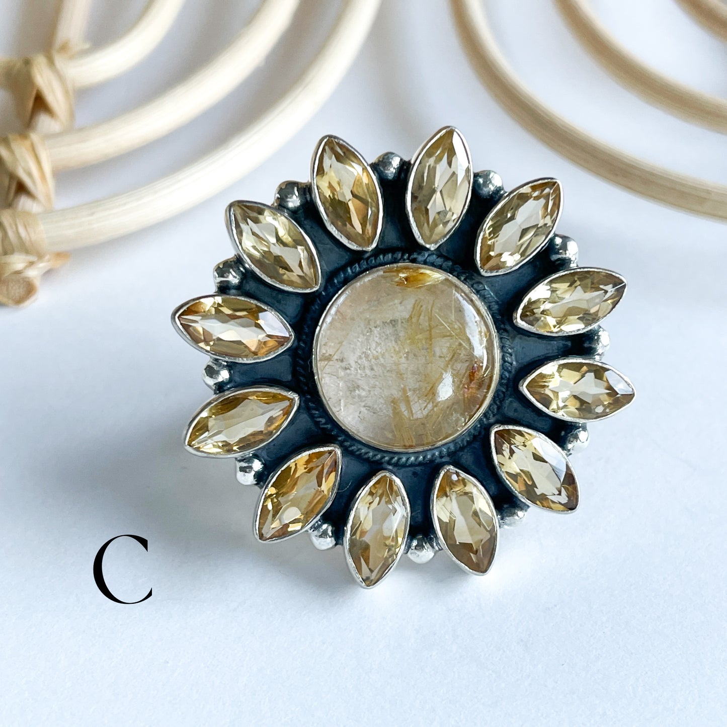 Golden Rutile & Citrine Statement Ring -  Solid Sterling Silver