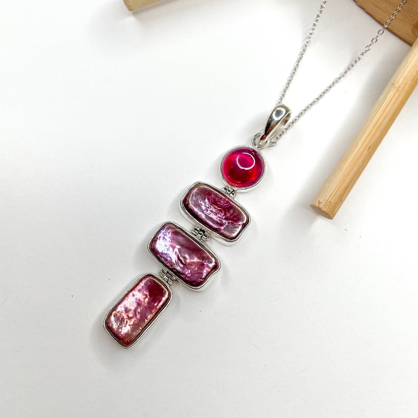 Ruby Star & Pink Biwa Pearl - Solid Sterling Silver
