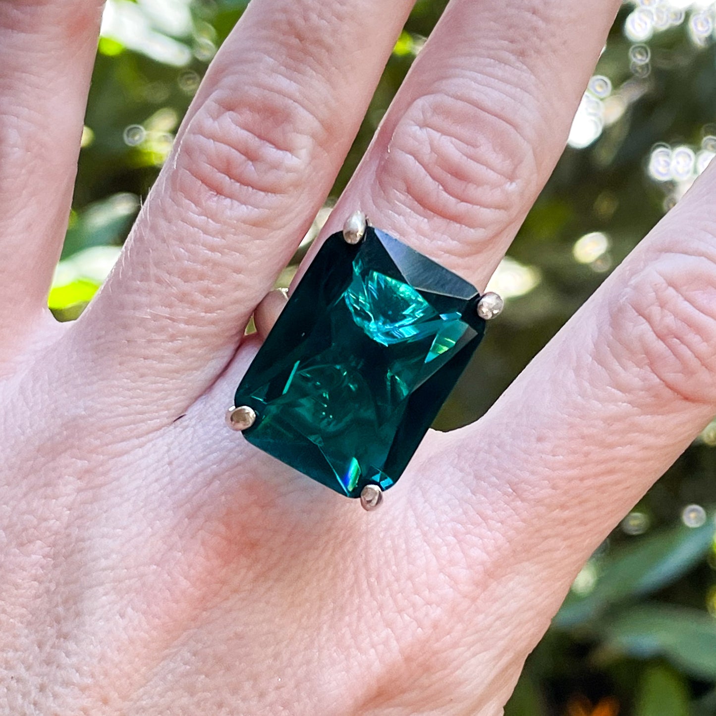 Teal Green Nano Glass Prong Ring - Solid Sterling Silver
