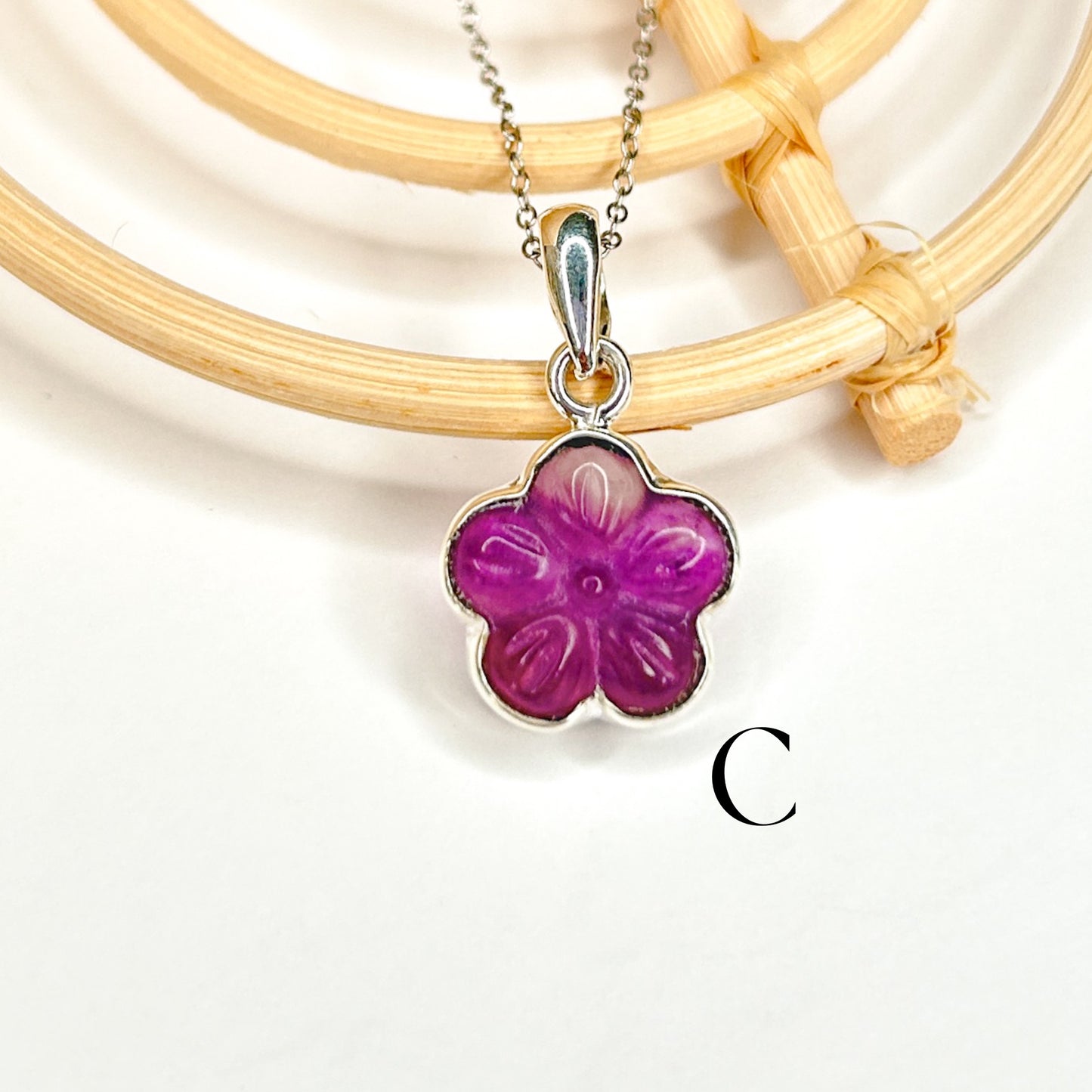 Fluorite Flower Charm Pendant - Solid Sterling Silver