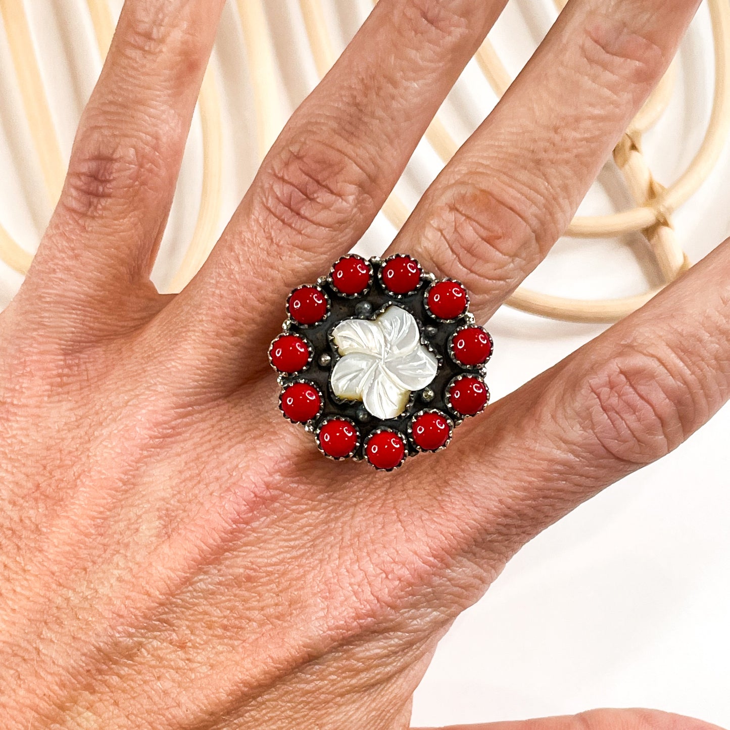 Red & Mother of Pearl Adjustable Ring - Solid Sterling Silver