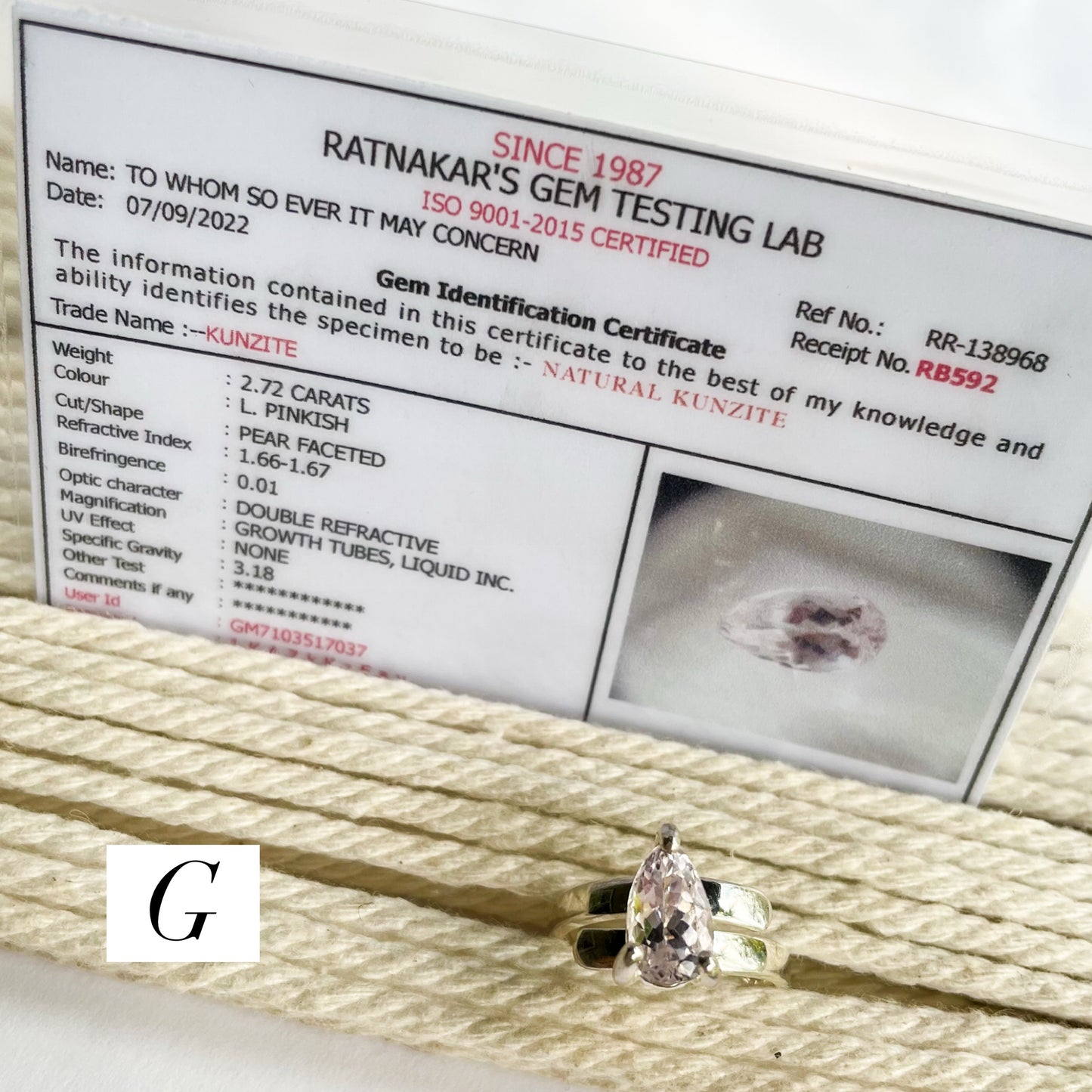 Certified Natural Kunzite Prong Ring - Solid Sterling Silver