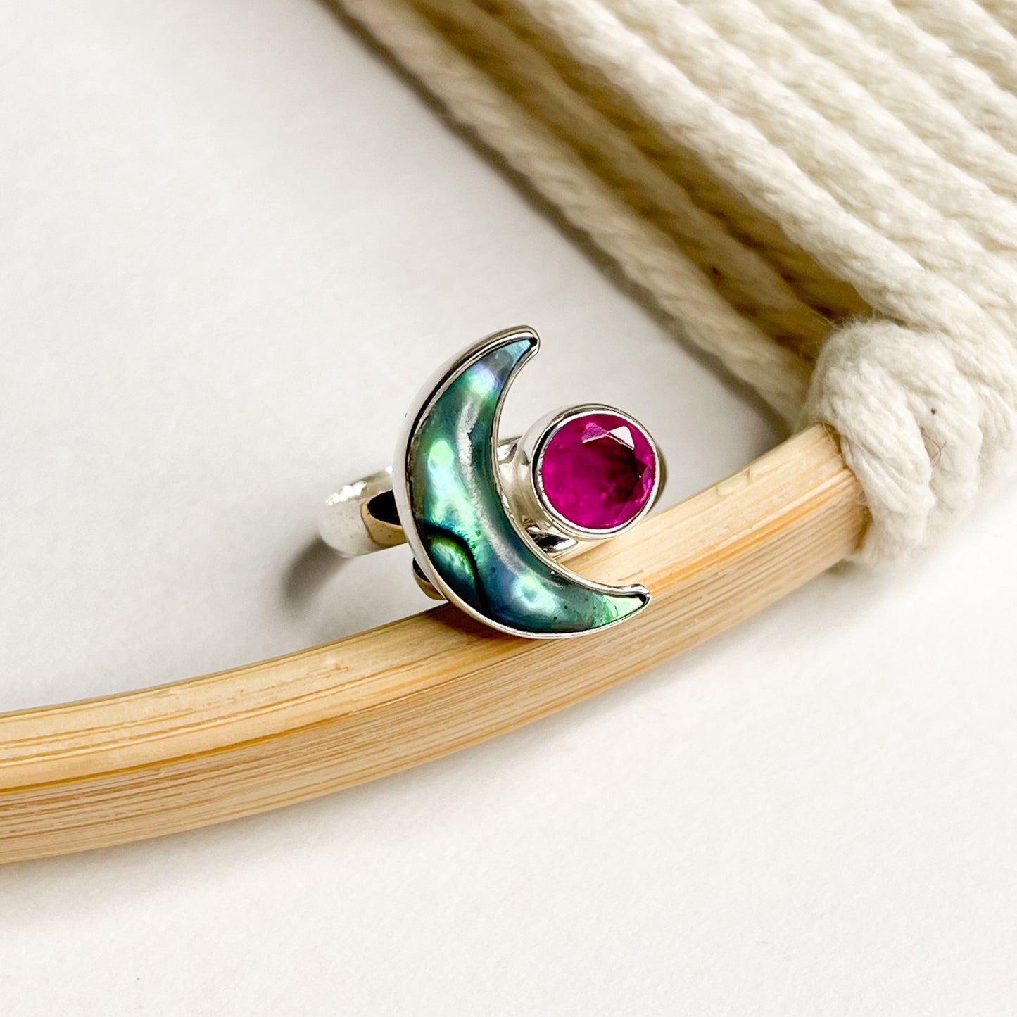 Abalone Moon & Gemstone Bypass Pendant & Ring- Solid Sterling Silver