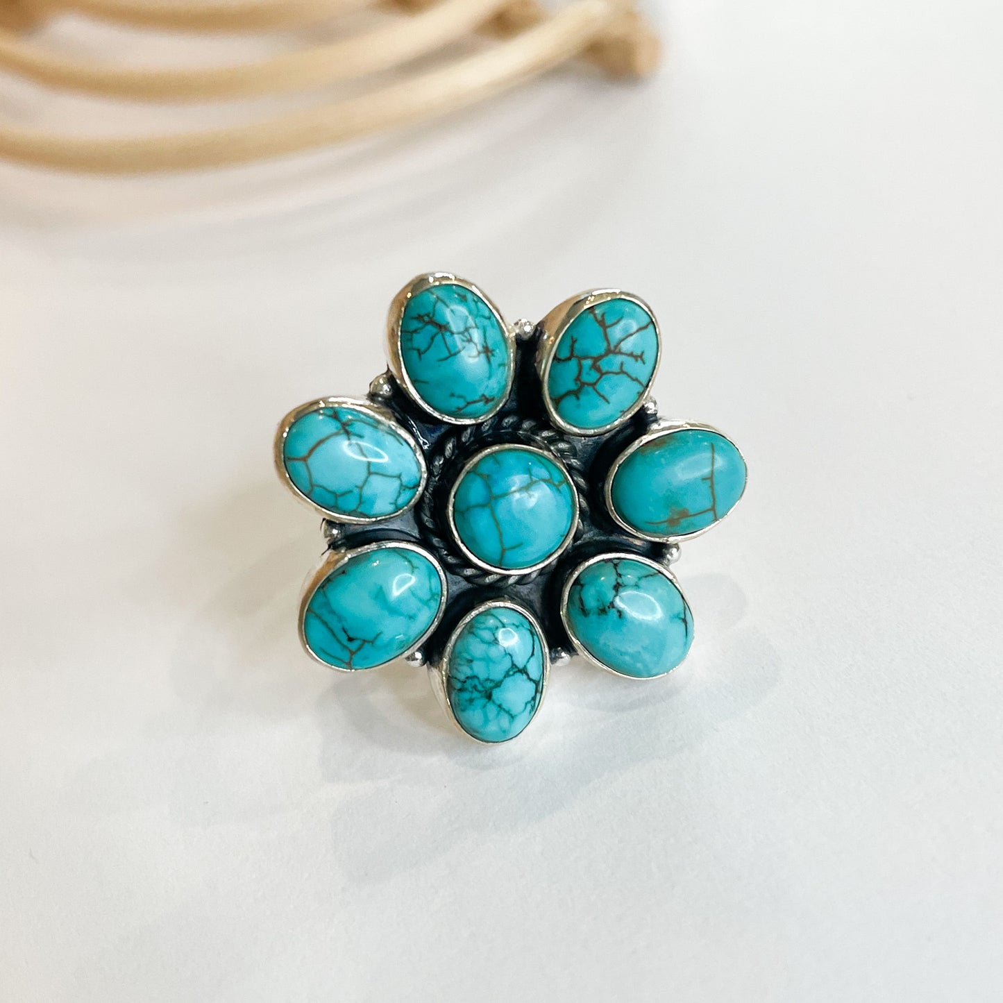 Blue Turquoise Flower Ring - Solid Sterling Silver