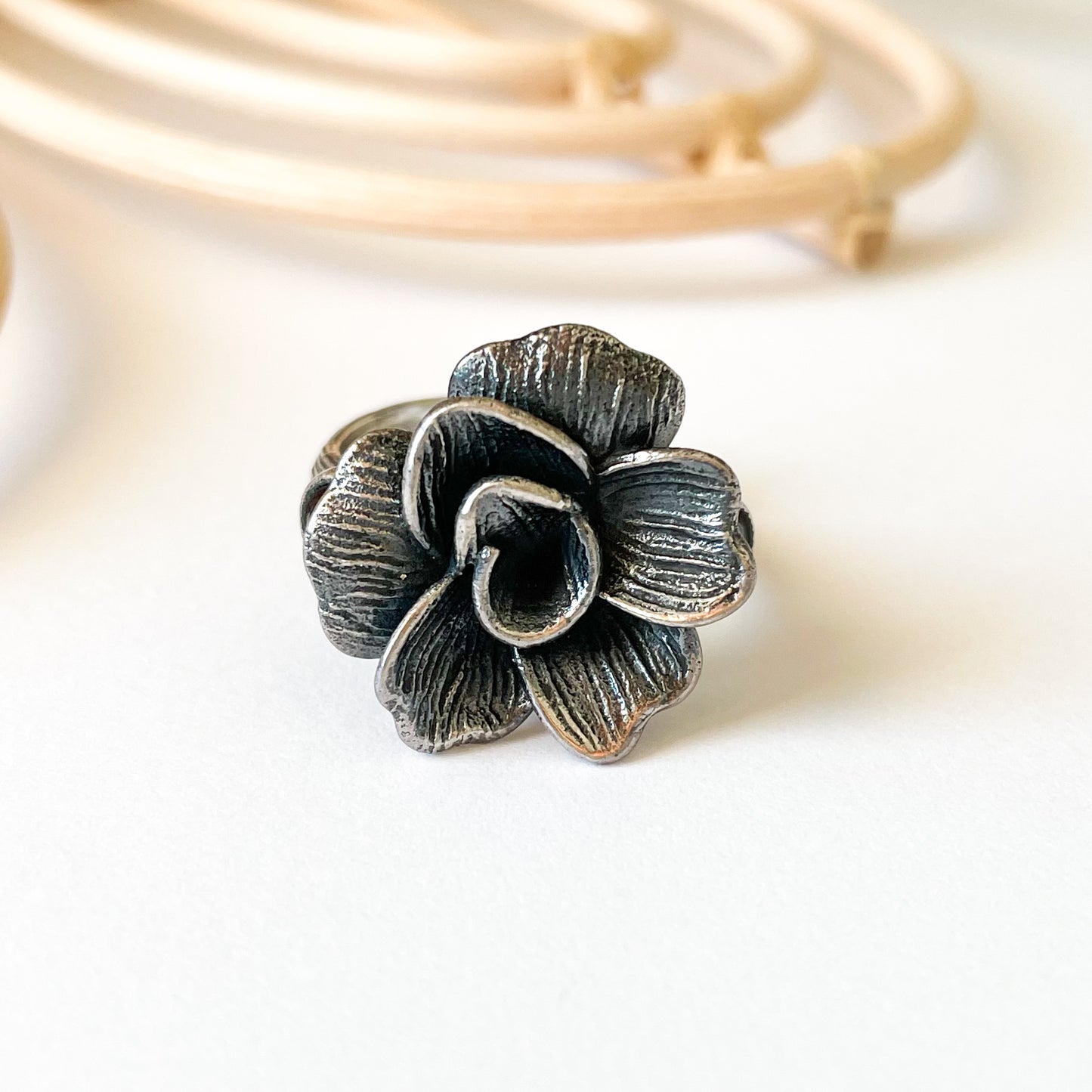 Garnet Rose Flower Ring - Solid Sterling Silver