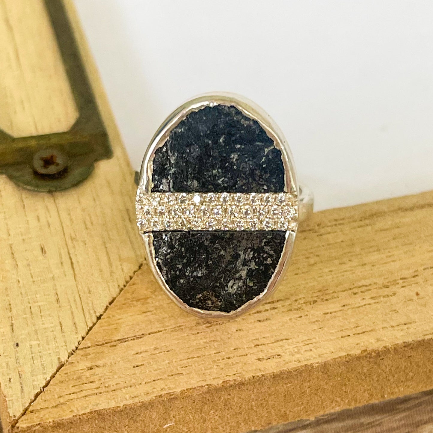 Black Raw Onyx CZ Belt Ring - Solid Sterling Silver