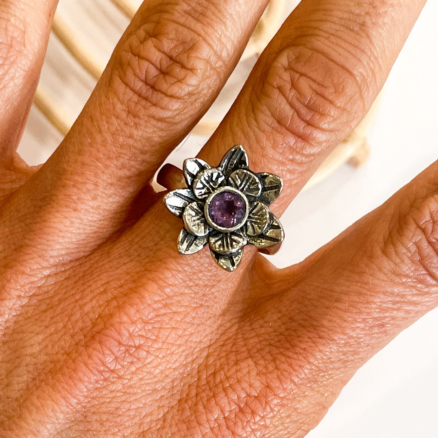 Amethyst Flower Ring - Solid Sterling Silver