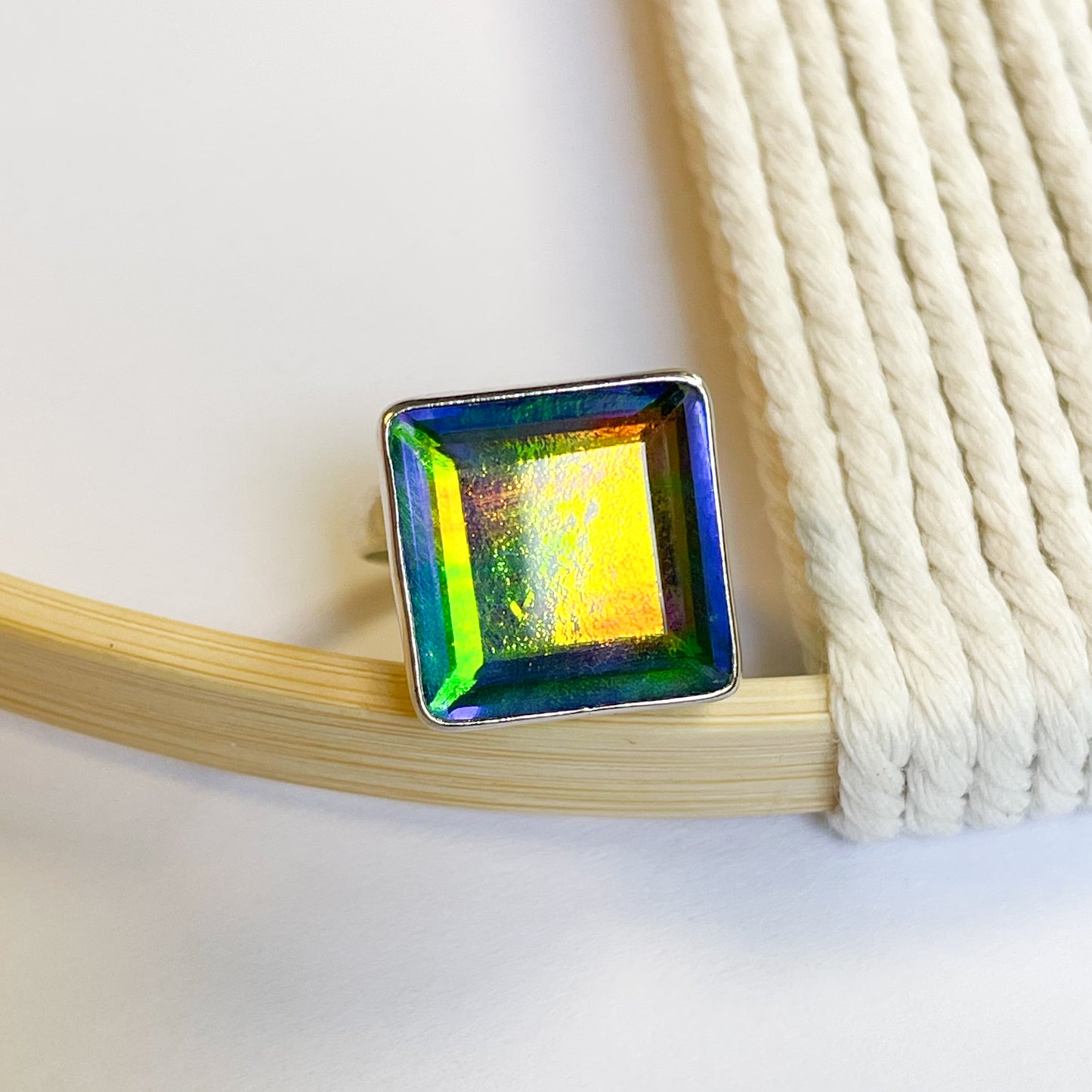 Square Mystical Glass Ring - Solid Sterling Silver