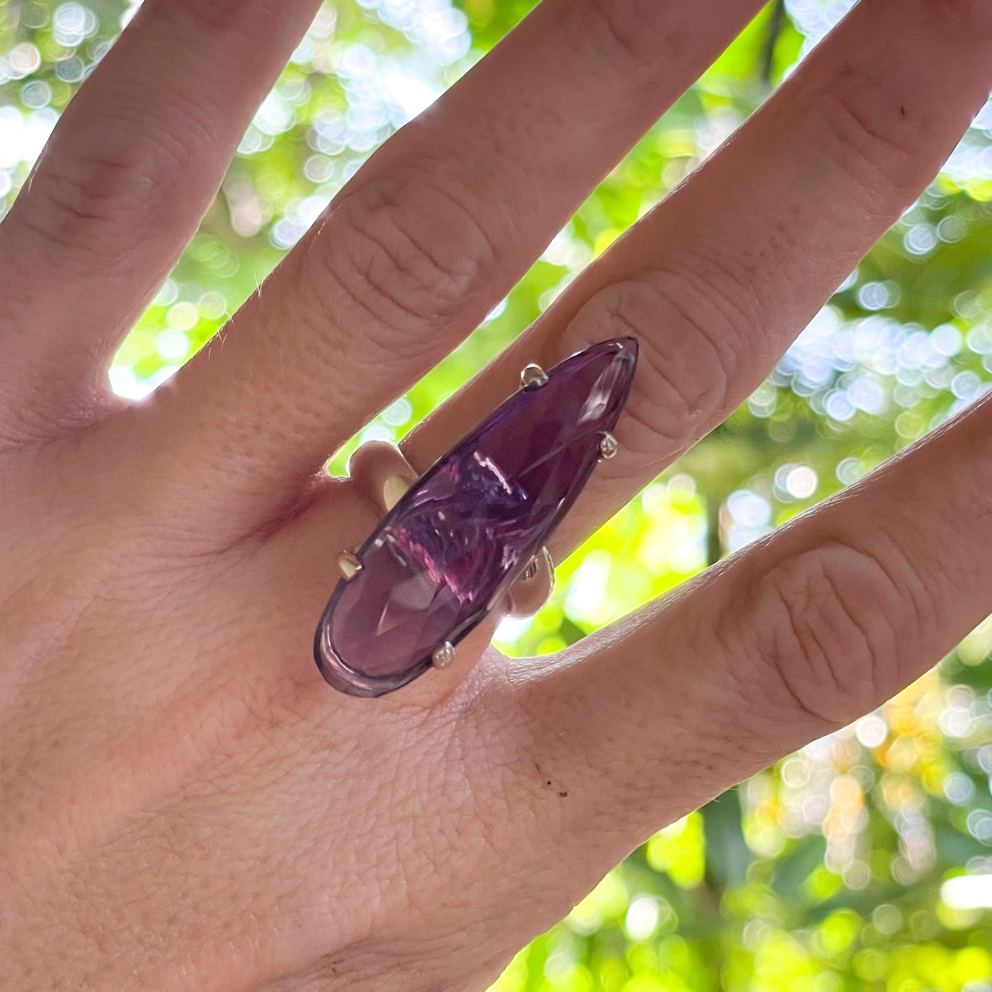 Amethyst Tear Prong Set Long Ring - Solid Sterling silver