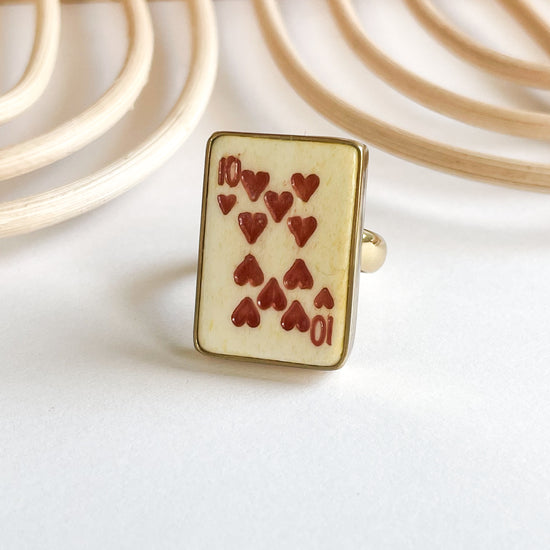 Dainty 10 Of Hearts Bone Card Ring - Alchemia