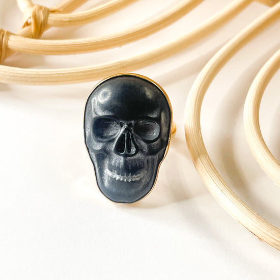 Greyish Black Obsidian Skull Ring - Alchemia