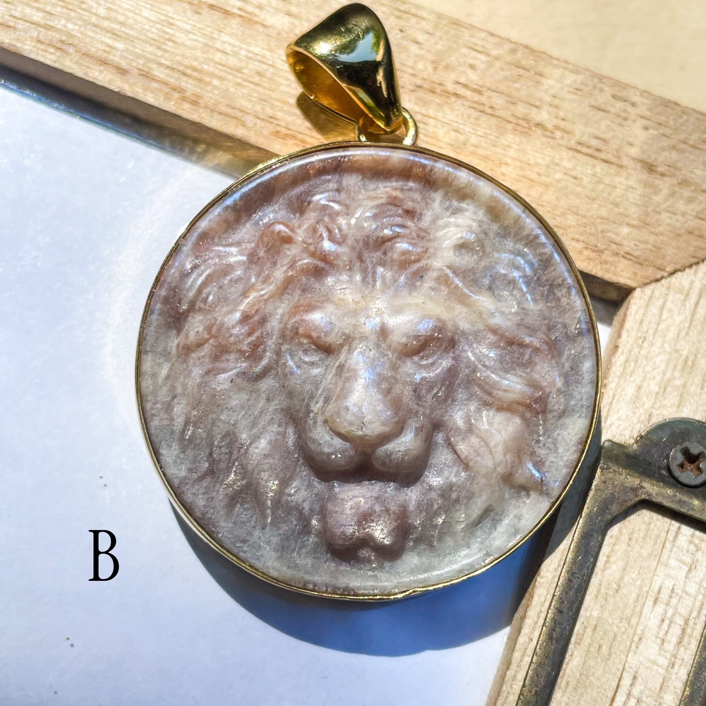White Moonstone Round Tiger Pendant - Both Metals