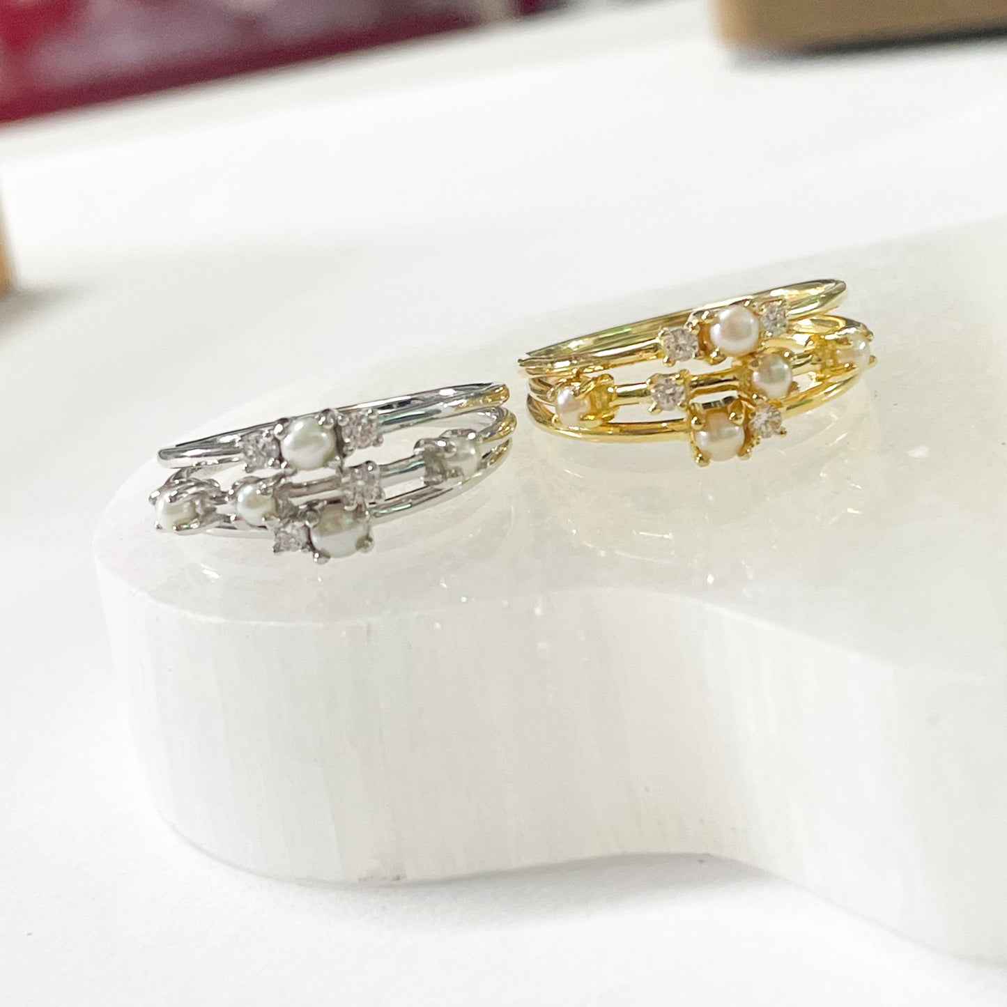 Triple Pearl & CZ Stack Rings -SSS or Vermeil