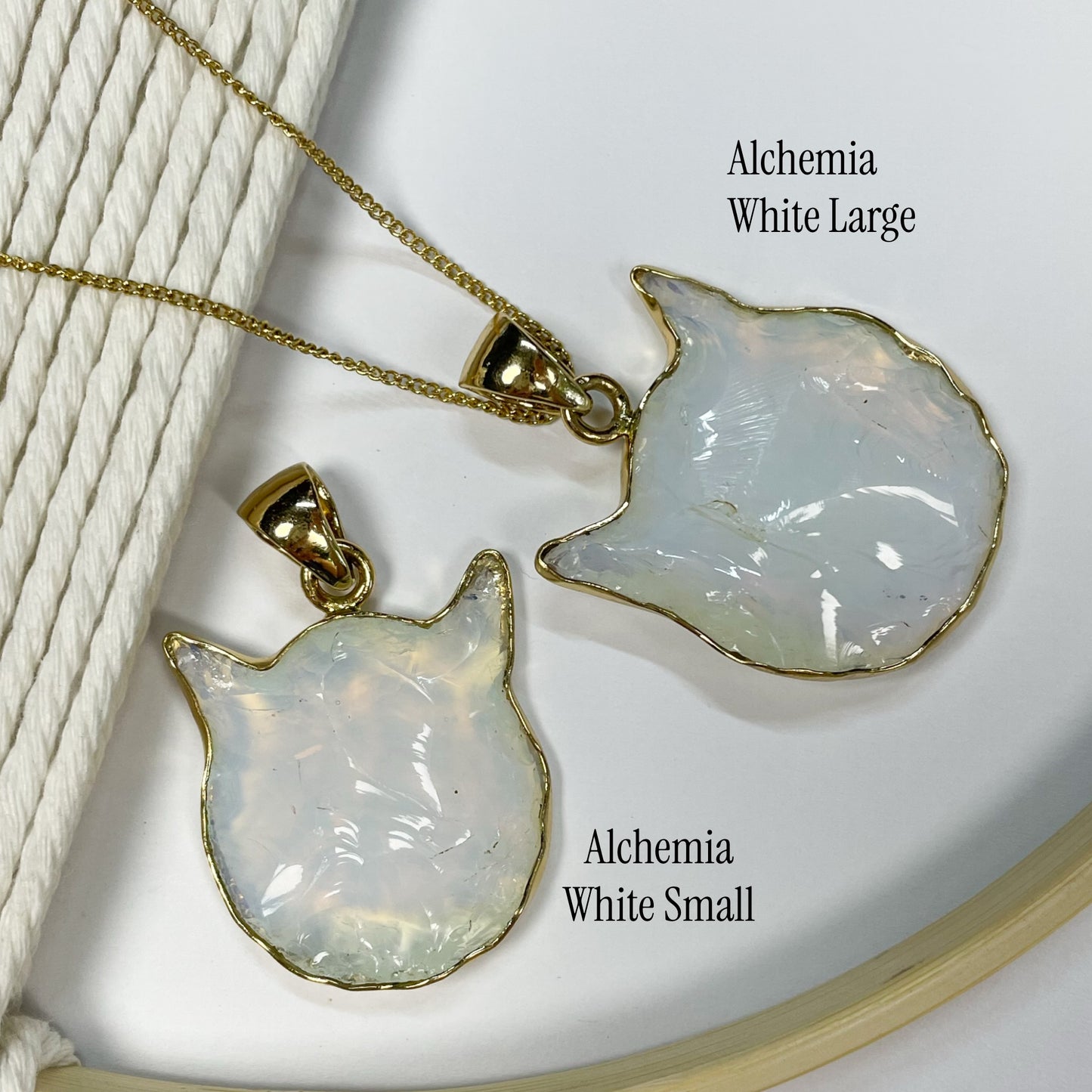 Opalite & Black Kitty Cat Head Pendant - Both Metal