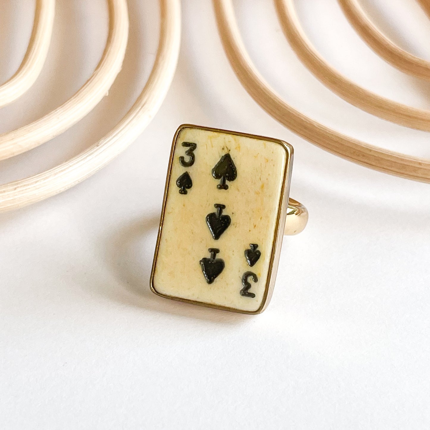 Dainty 3 Of Spades Bone Card Ring-Alchemia