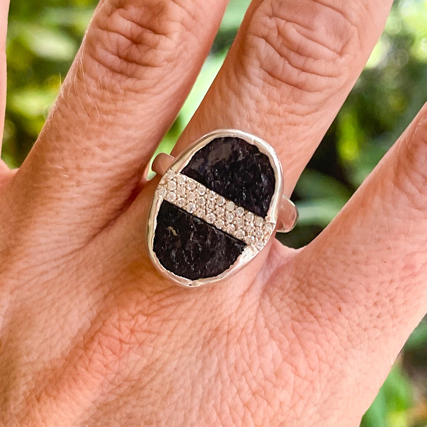 Black Raw Onyx CZ Belt Ring - Solid Sterling Silver