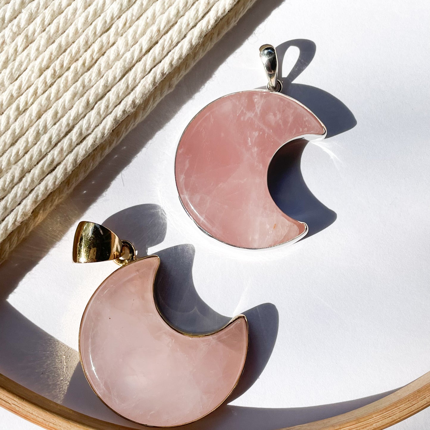 Rose Quartz Crescent Moon Pendant - Both Metals