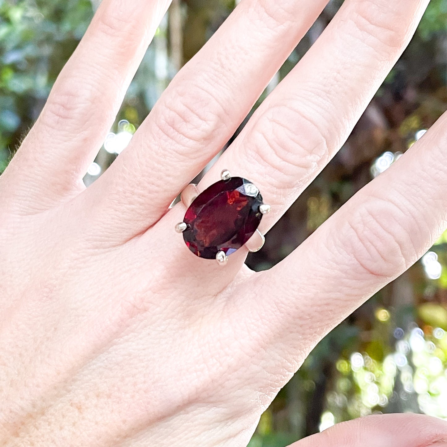 Oval Garnet Nano Glass Prong Ring - Solid Sterling Silver