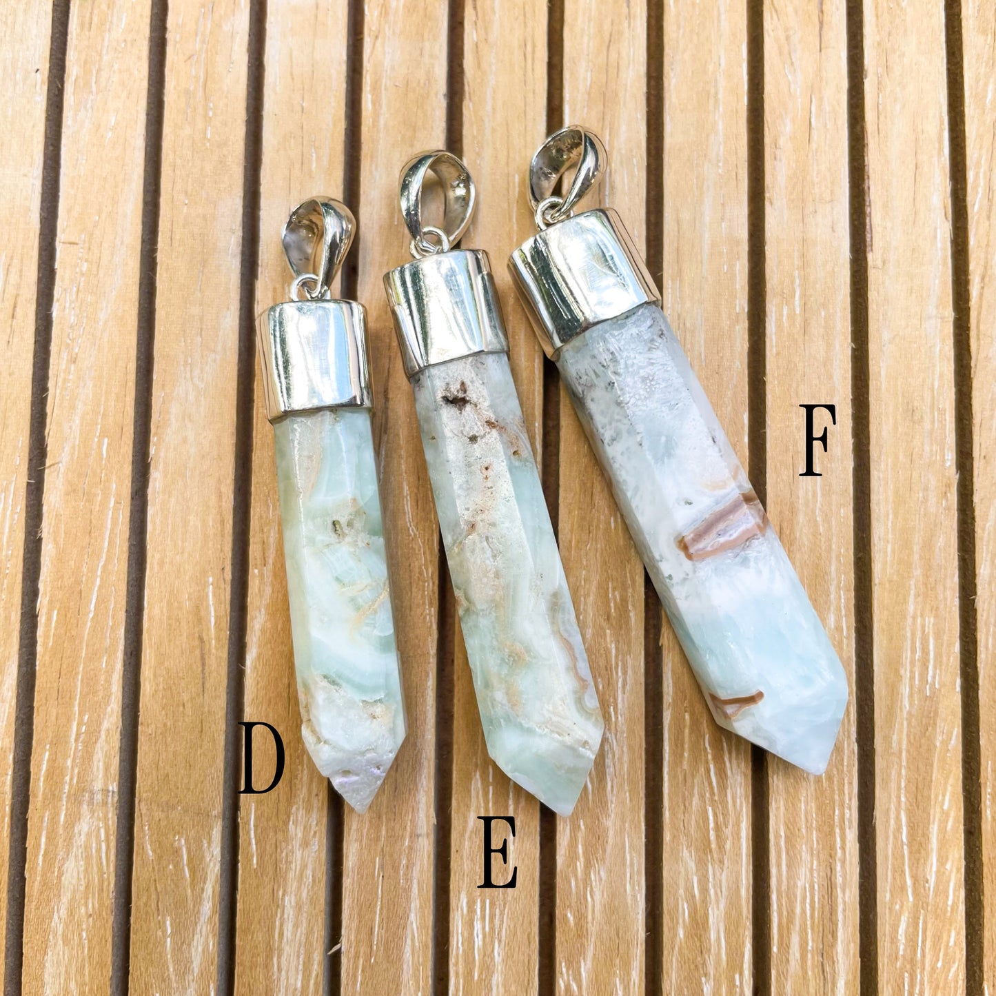 Blue Banded Aragonite Point Pendant - Both Metals