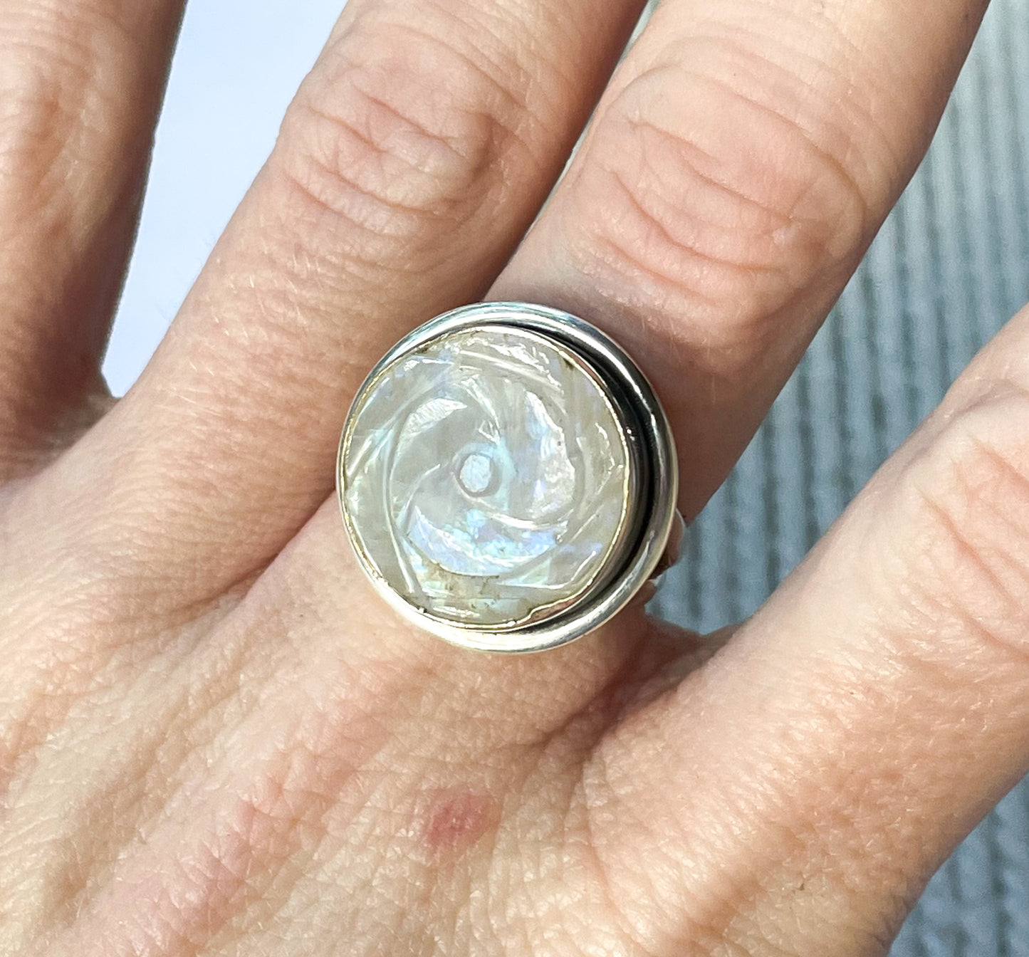 Rainbow Moonstone Rose Ring - Solid Sterling Silver