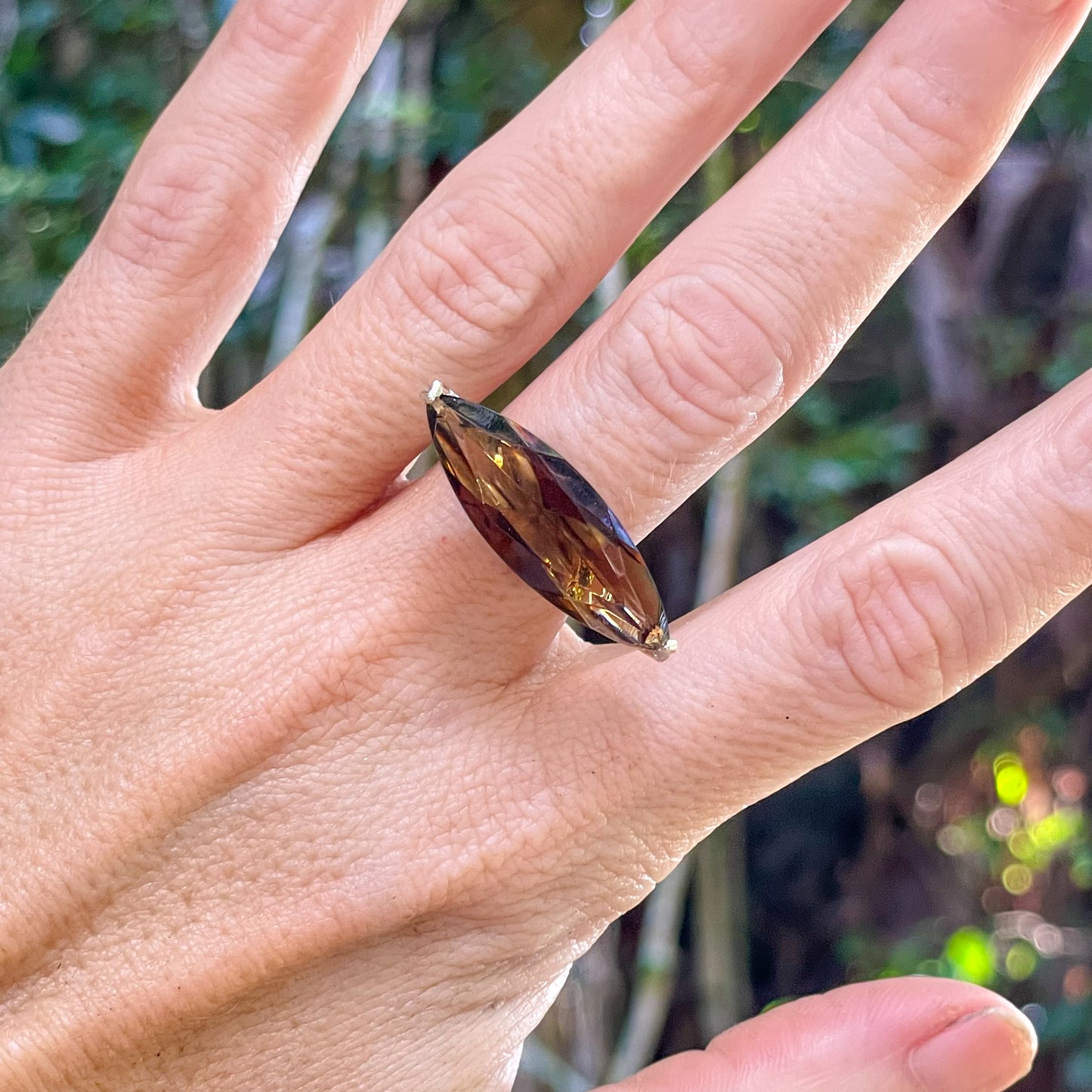 Smokey Quartz Side Set Marquise  Prong Ring - Solid Sterling Silver