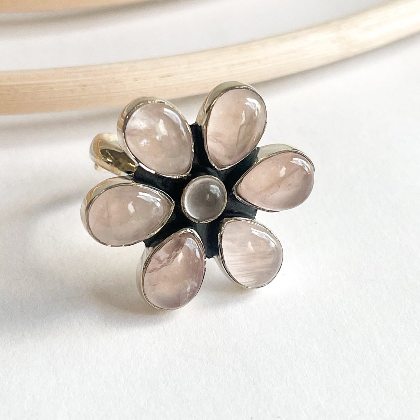 Rose Quartz Flower Ring - Solid Sterling Silver