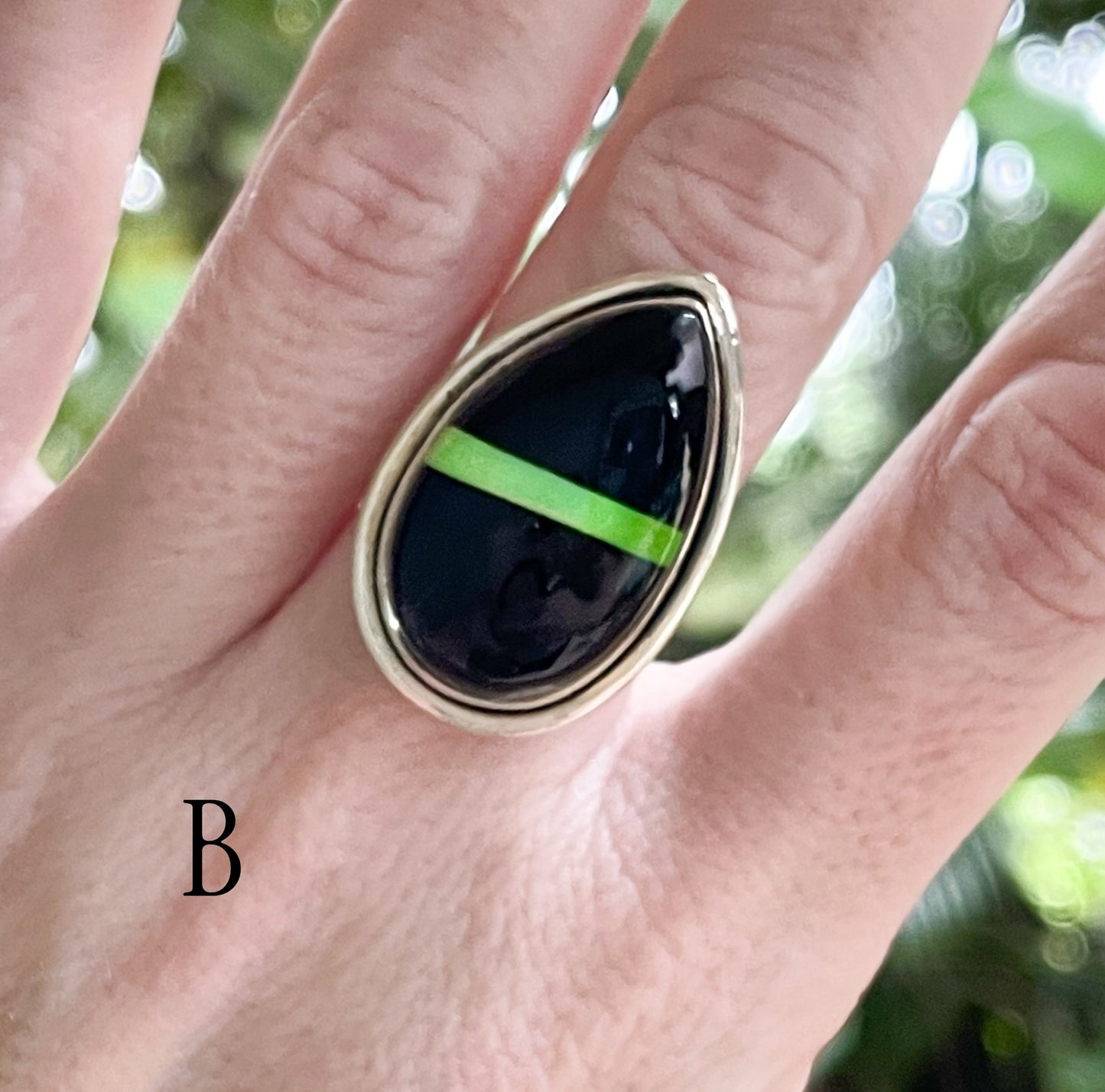 Blk Onyx & Single Galaxy Opal Inlay Ring - Solid Sterling Silver