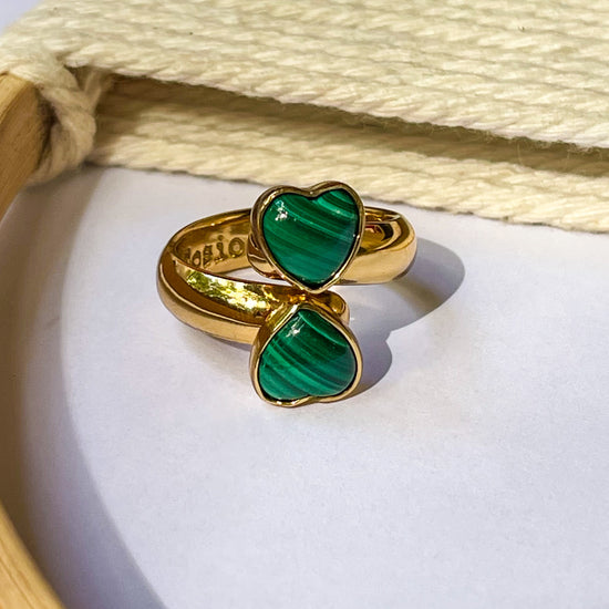 Malachite Heart Bypass Ring - Both Metals