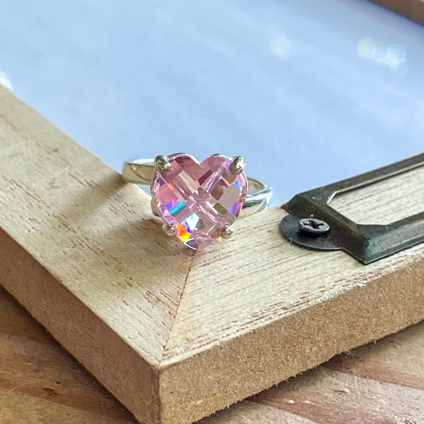 Soft Pink Heart CZ Prong Ring - Solid Sterling Silver
